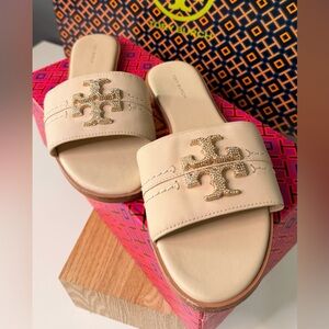 Tory Burch Limited Edition Beige Cream Everly Rhinestone Logo Slide Sandals